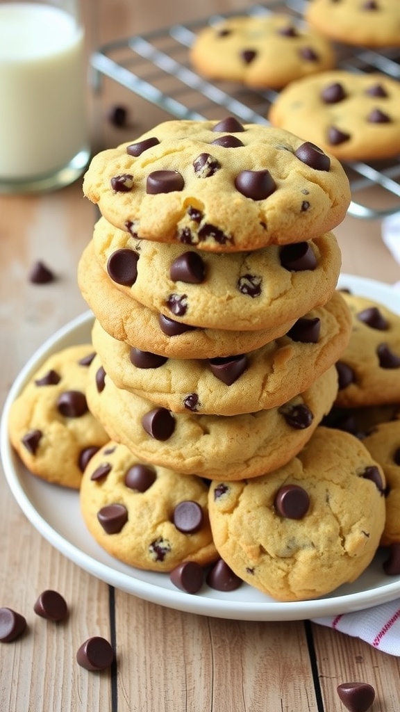 A plate stacked with warm chocolate chip cookies beside a glass of milk on a wooden table.